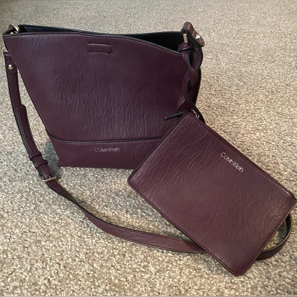 Calvin Klein Purple Faux Leather Bucket Bag With Matching Zip Pouch